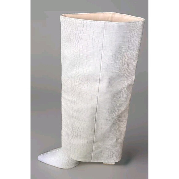 Public Desire Boots Women's 8  Gray Fold Over Croc Embossed Knee High Block Heel - Picture 4 of 9